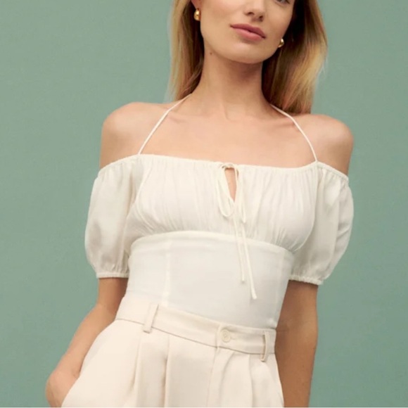 Reformation  Puff Sleeve Smocked Blouse Top in Cream Size 10 - Picture 3 of 15